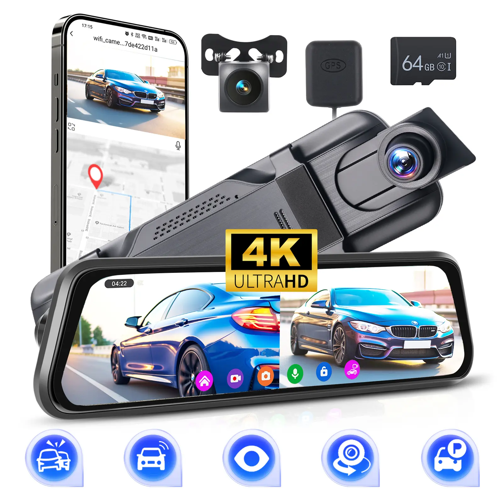 9.66 Inch Car Dash Cam,4K Dual Lens Touch Screen HD Rearview Mirror support WIFI (Viidure),Car Recorder with 1080P Rear Pull+G-Sensor+GPS+ADAS+BSD+LCA, APP Contral,Loop recording,64G TF Card,car accessories,SummerVibes