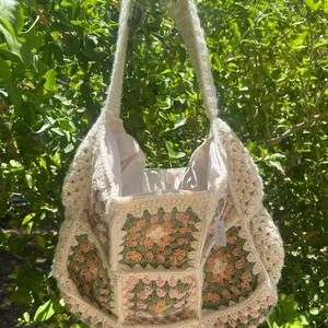 Crochet Granny Square Tote Bag with Floral Pattern and Long Handles for Everyday Use