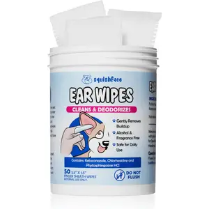 Squishface Dog Ear Relief Individual Finger Sheath Wipes – Non-Allergenic Ingredients & Irritation-Reducing Formula Cleans & Deodorizes, Helps Prevent Ear Itch & Odor – for All Breeds! (50 Count)