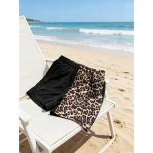 2026 Summer Men’s Leopard Print Color Block Shorts, Casual Drawstring Waist Split Design Shorts, Lightweight Quick Dry Beach Shorts, Soft Breathable Fabric for Vacation, Streetwear, Daily Wear, Party, Outdoor Activities