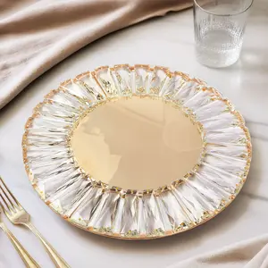 2 Pack Crystal Pendant Metal Charger Plates – 14" Round Gold Mirror Glass Decorative Table Chargers
