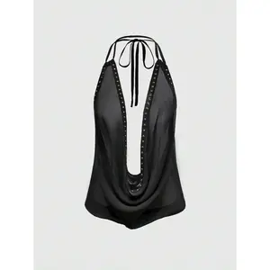 Grunge Punk Sexy Deep V Vintage Sling Open Back Draped Neck Women Tank Top