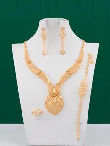 Women's Elegant Textured Hollow Out Design Jewelry Set, Exquisite Trendy Pendant Necklace & Dangle Earrings & Ring & Bracelet, Fashionable Matching Jewelry Set for Party Decoration