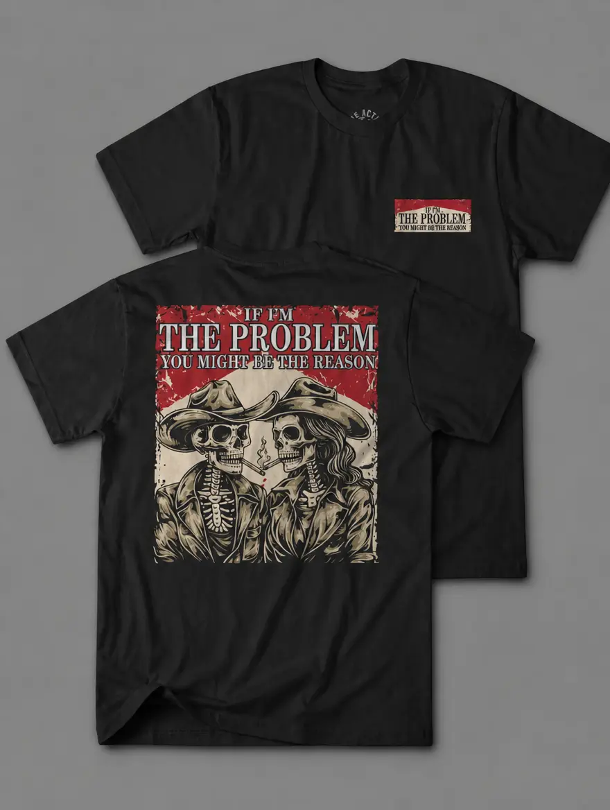 If I'm the Problem You Might Be the Reason T-shirt Western Graphic Tee, Skeleton Cowboy Couple T-Shirt Hoodie Sweatshirt for Men Women, Vintage Outlaw Ranch Shirt, Dark Wild West Apparel, Rodeo Cowboy Gift for Dad Husband Rancher