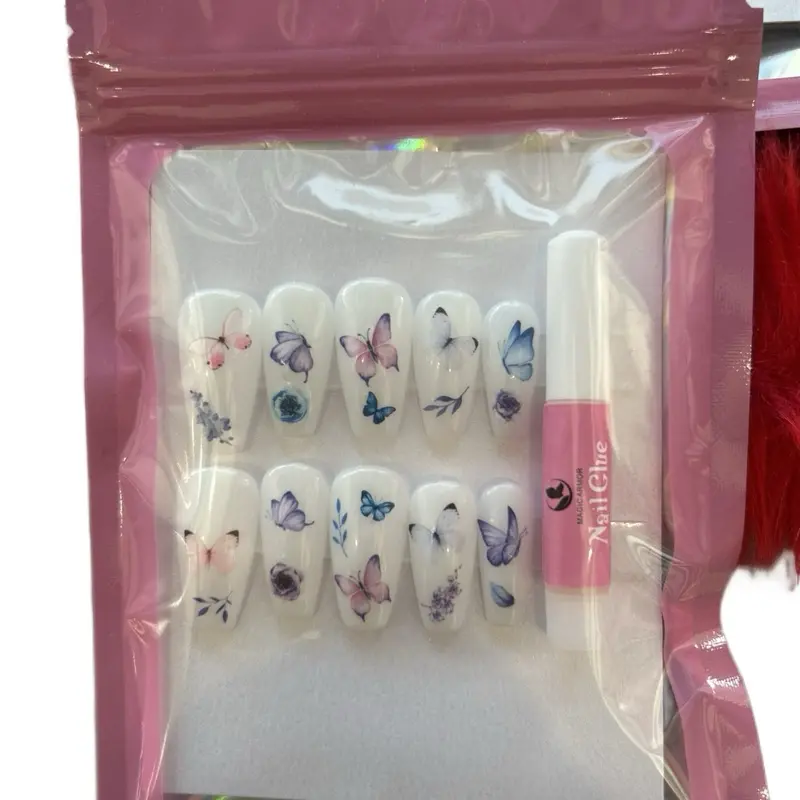 Vossy Nails Press Ons - Flower and Butterfly Designs, Assorted Colors, Includes Brush and Pen, Ideal for Customizable Nail Art