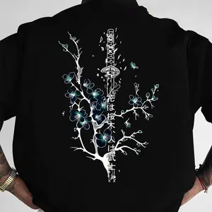 Cherry Blossom Katana T-shirt Japanese Sword and Floral Print for Men Casual Drop Shoulder Oversized Summer Cotton Menswear