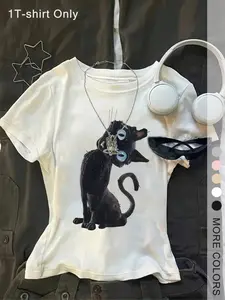 Cute Cat Print Animal Women's Short Sleeve T-Shirt, Trendy Street Style Summer Casual Top, Ideal for Teens & Young Adults, Daily & Holiday Wear