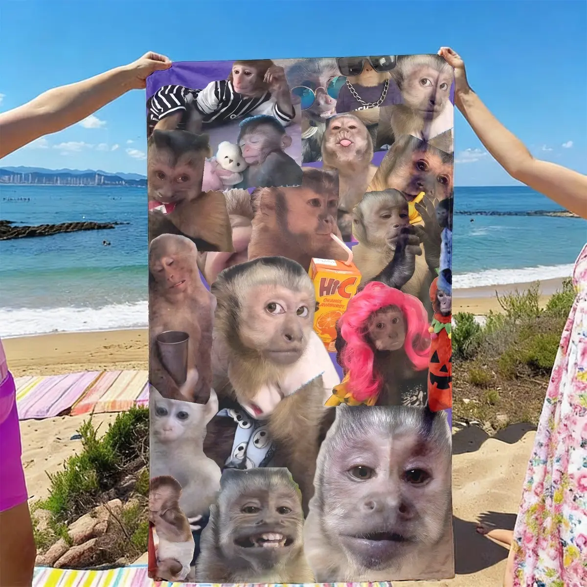 Funny Monkey Patchwork Beach Towel, Quick-Dry Ultra-Soft Polyester Fiber, Multi-Purpose Yoga Travel Swimming Camping, Best Gift, Reusable Polyester Towel, Multifunctional Towel