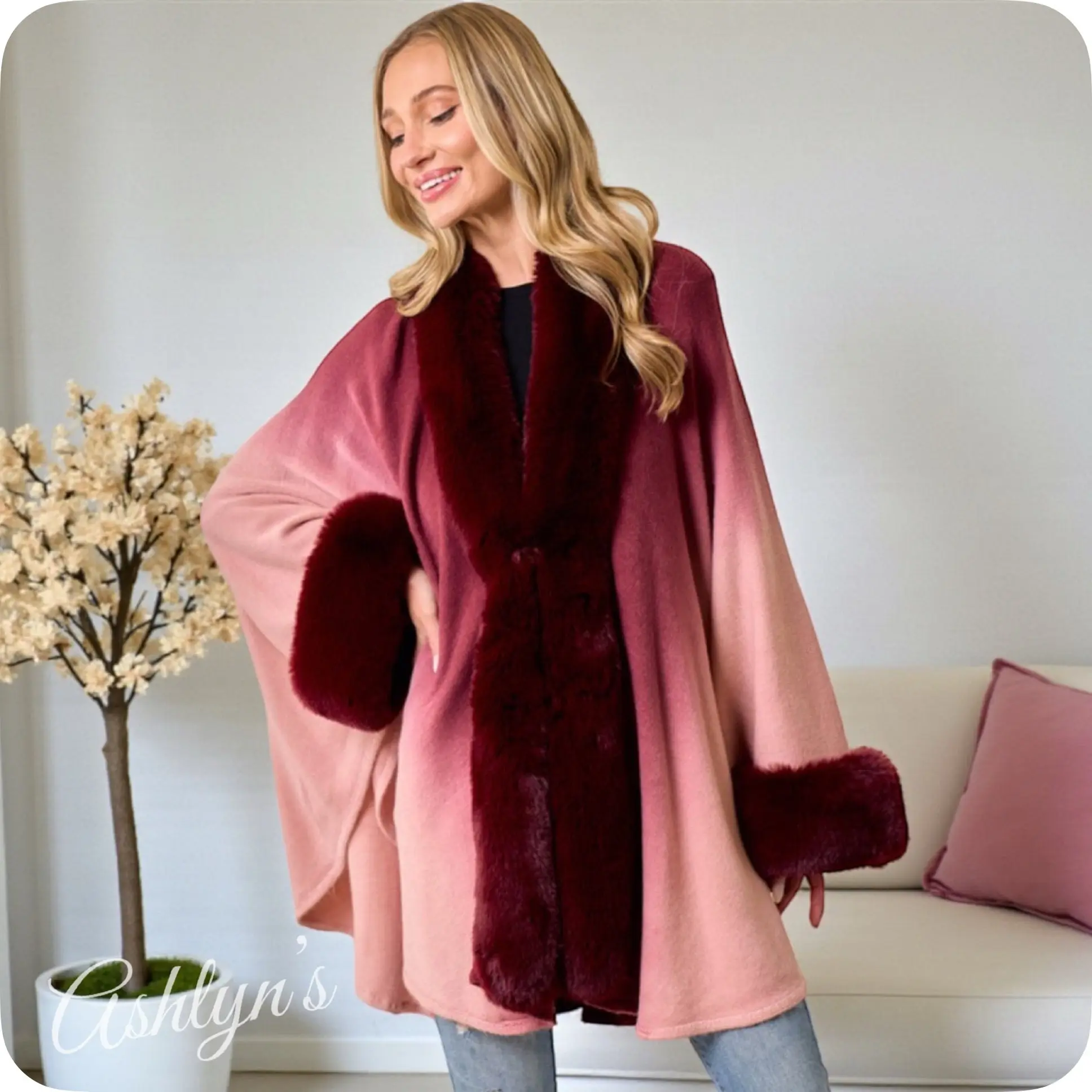 Classy Plush Faux Fur Trim Ombre Burgundy Wine Cape-Coat-Poncho-Wrap