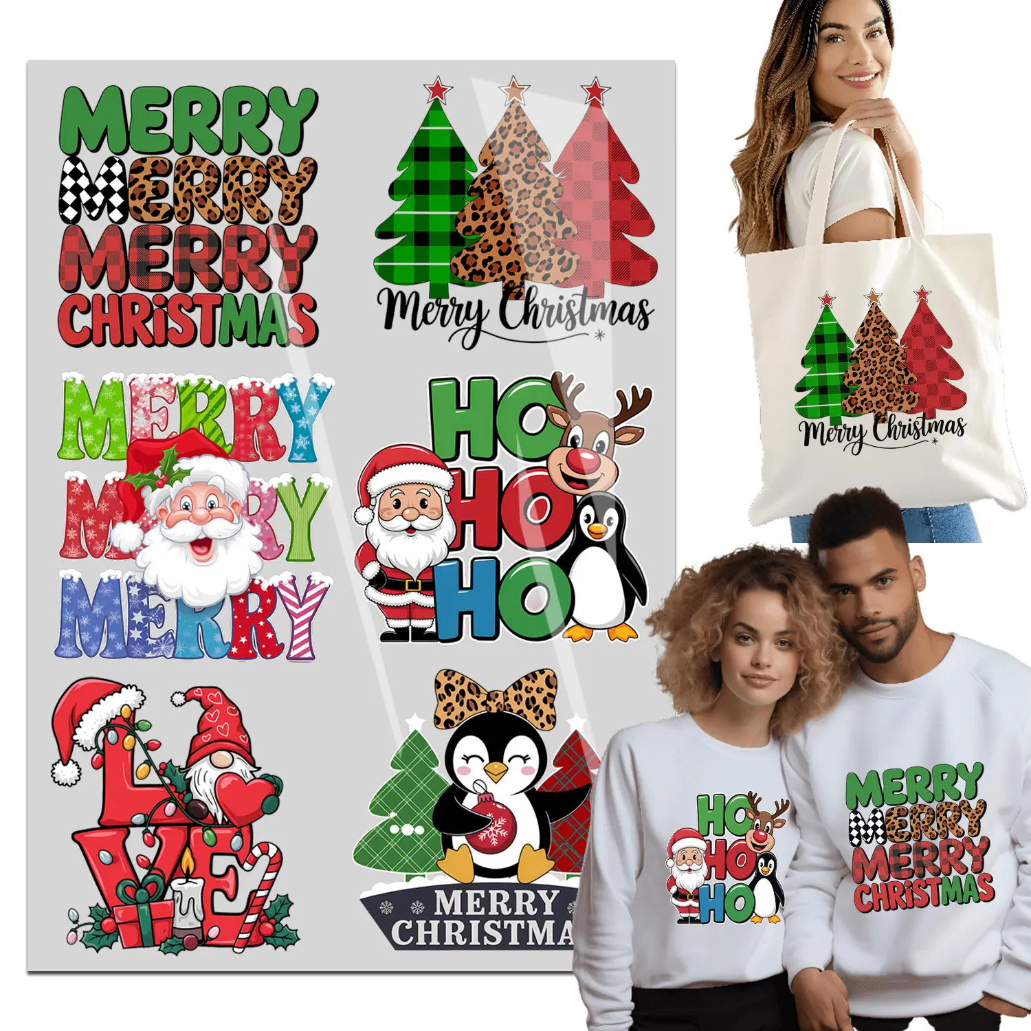 6pcs Merry Christmas Iron on Transfers Santa Iron on Decals Patches Heat Transfers Xmas Cute Heat Decals for Clothes Bag Covers DIY Decorations dtf transfers Ready to Press