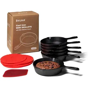 KUHA Small Set| Pre-Seasoned Mini Cast Iron Skillets for Cookies, Eggs & Desserts| For Baking & Serving| 6 Trivets & Scraper Included| 4", Set of 6