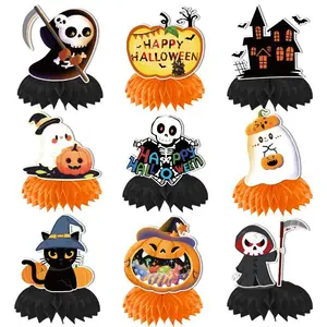 Vintage Halloween Table Centerpiece Set, 9-Piece Paper Decorations with Pumpkin, Cat, Bat Designs, Perfect for Parties & Events