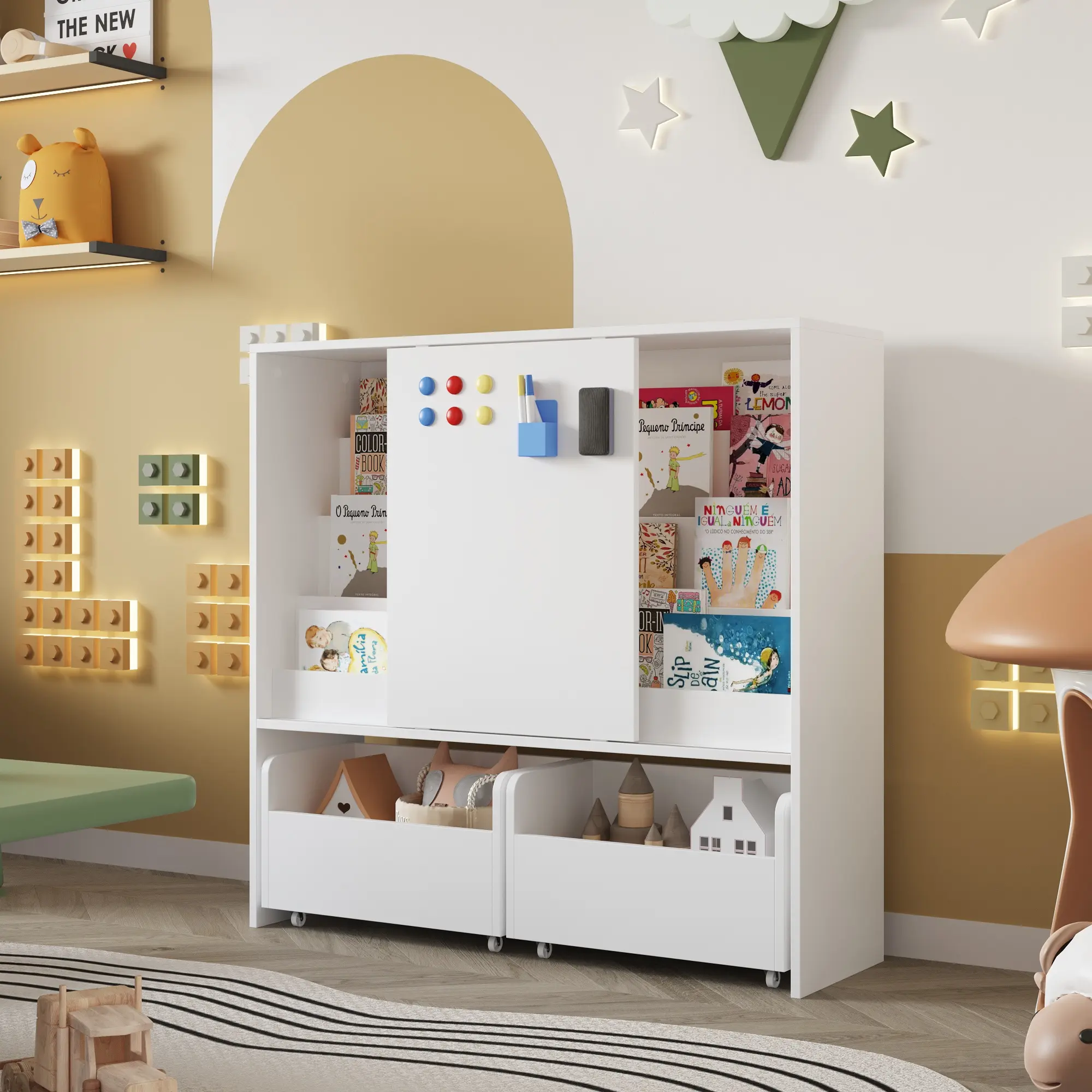 FUFU&GAGA Modern Rectangular Engineered Wood Storage Cabinet - Single Unit with Magnetic Whiteboard, 4-Tier Open Bookshelf Book Rack, 2 Removable Rolling Bins with Built-In Casters, Eraser, Marker Holder, 39.4x11.8x38"