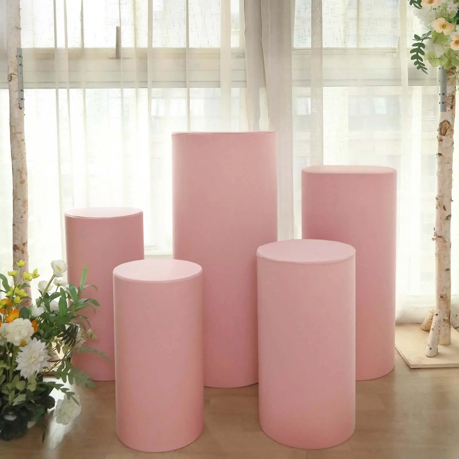 5-Piece Dusty Rose 160 GSM Spandex Cylinder Pillar Covers - Stretchable Pedestal Prop Covers, Machinewashable & Tumble Dry Ready for Weddings