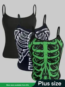 【Plus Size】 Skeleton Print Casual Comfy Cami Top, Casual Adjustable Spaghetti Strap Top for Daily Wear, Women's Plus Clothing for All Seasons