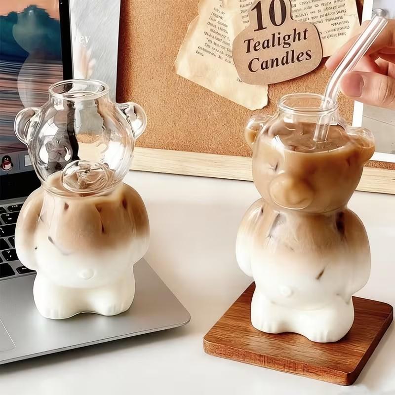 Bear Cup Coffee Glass Set (1 Bear Cup + 1 Straw), Creative Cartoon Glass Water Bottle, Juice Cup with Straw, Stylish and Practical