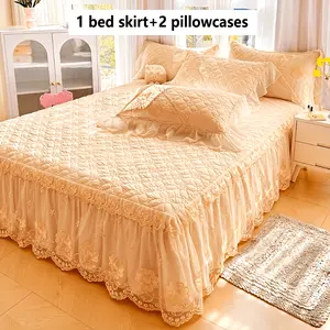 3-Piece Modern Cotton Bedding Set - Easy-Care, Skin-Friendly Quilted Layers, Romantic Lace Trim with Floral Motifs Embroidery, Heightened Skirt Tie Bed Skirt (1pc) + 2pc Pillowcases, Stylish Pink Duvet Comforter