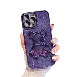 Quicksand Glitter Violent Bear Phone Case for iPhone 15 Pro 16 17, Electroplated Silicone with Built-in Lens Protector, Shockproof Soft Protective Cover Adjustable Waterproof Shower Phone Holder