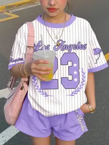 Teen Girls Casual Minimalist Short Sleeve Top and Shorts Set, Summer Girl Clothing, Youth Baseball, Sports Wear, Aesthetic College Style, Striped Sets, Summer Clothes Set, Summer Outfits Set