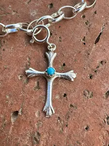 Handcrafted  Sterling Silver and Turquoise Hand Stamped Cross charm