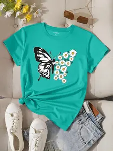 INAWLY Women's Summer Butterfly & Daisy Printed Round Neck Short Sleeve Casual T-Shirt Graphic Tees Women Tops