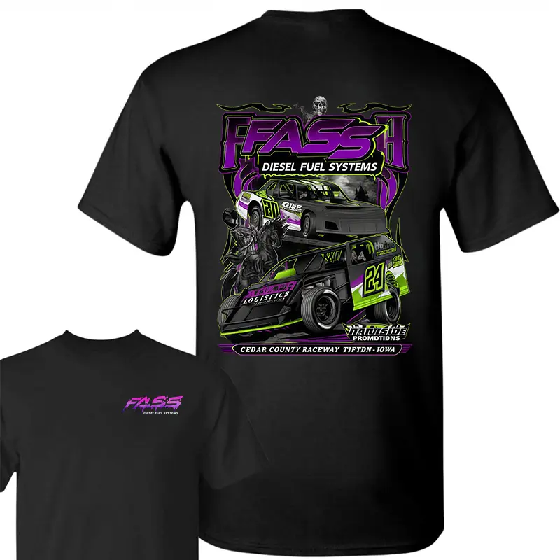 Cotton - Dirt Track Racing Car Graphic Tee, Bold Purple and Green Race Design, Back Print Motorsport Streetwear Shirt, Automotive Apparel for Racing Fans, Gift Idea ,shirts for men