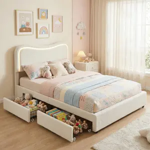 Boucle Bed Frame with 2 Storage Drawers, Upholstered Platform Bed with LED Headboard, Solid Wood Slats Support, No Box Spring Needed for Teens