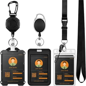 3 Pack Bundle - 2 Pack Retractable  Heavy Duty Carabiner Badge Reel with Cool Hard Plastic Badge Holder, 1 Pack Breakaway Lanyard with Clear Vertical ID Holder - Black