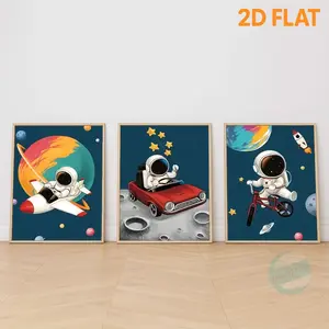 [2D Flat Printing] 3pcs/set "Unique Astronaut in Moon Car Wall Art Poster, Vintage Car Print, Fun Space Adventure Canvas Painting, Whimsical Star Balloons Artwork, Perfect for Kids' Room, Playroom, or Creative Spaces, Stunning Modern Home Decor", Unframed