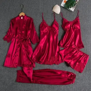 Women's Summer Ice Silk Sexy Homewear Spring and Long Sleeve Thin Plus Size Five-Piece Set Bathrobe Seductive Ice Silk Five-Piece Pajama Suit ?Womenswear Pjs(gift)