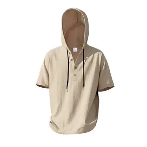 Mens Short Sleeve T-shirt Linen Henley Hoodie Shirt Breathable Casual Daily Top Soft Lightweight Drawstring Hood Three Button Henley Placket Loose Fit Summer Basic Tee For Mens Street Travel Gym Leisure