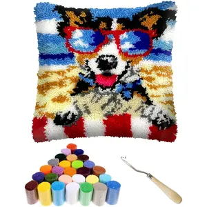 Beach  Latch Hook Kits for Adults, Beginners DIY Crochet Pillow Kit Pre-Printed Pillowcase Hook and Latch Rug Kits Needlework Cushion Cover for Home Sofa Decoration 17x17 inch