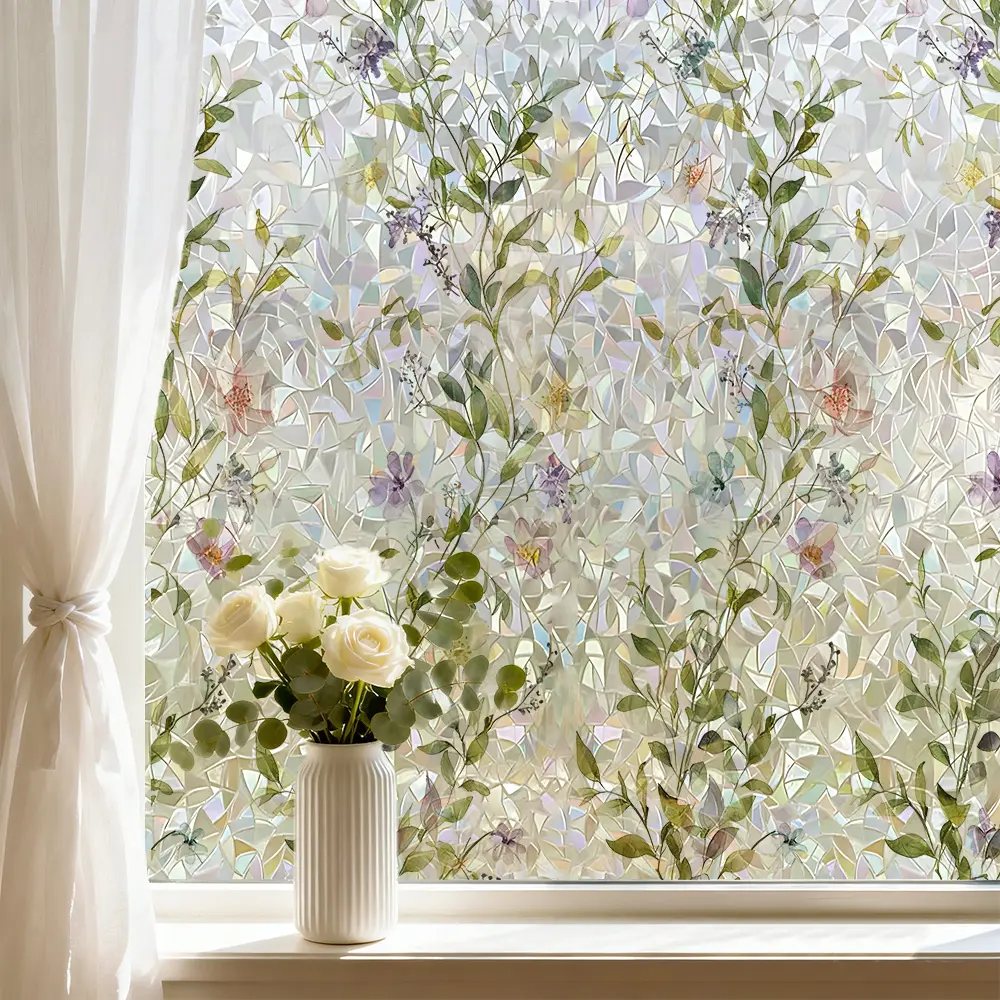 1 roll electrostatic cling floral plant printed iridescent window film, colorful flower window decal, privacy window film for home decor, glass beautification, living room, bedroom and kitchen sliding doors, privacy protection, removable.