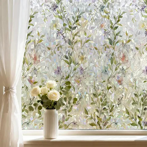 1 Roll PVC Anti-Static Iridescent Floral Plant Window Film - Easy-Remove Glam Decorative Decal, Artwork for Home Glass Privacy & Natural Light Protection, Easy DIY Installation Fits Any Window Size (Living Room, Bedroom)