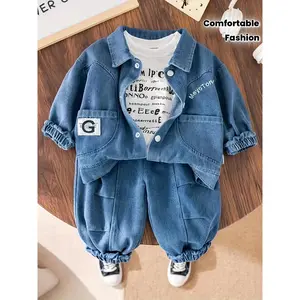 NewBoys' Spring/Autumn Denim Jacket + Long Sleeve Shirt + Jeans 3pcs Set - Stylish and Comfortable Everyday Outfit for Trendy Boys, Perfect for Outdoor