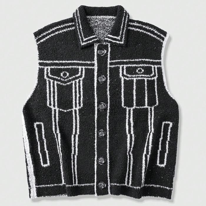 HYPESTFIT 2D Cartoon Style Graphic Vest Men's Aesthetic Streetwear Outline Gilet Trendy Fleece Sleeveless Jacket Menswear Tops for Casual Outings