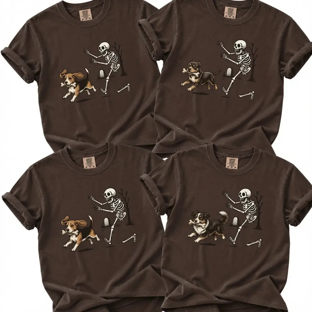 Comfort Colors 50+ Dog Breeds Halloween Skeleton Tee, Funny Spooky Season Dog Lover Shirt, Pet Costume Graphic Tee, Unisex Halloween Dog Shirt