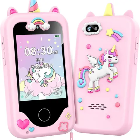 Pink Portable Kids' Toy Phone - Educational Gift with Video Games, MP3 Support, 24 World Buildings for 3-12 Year Old Girls