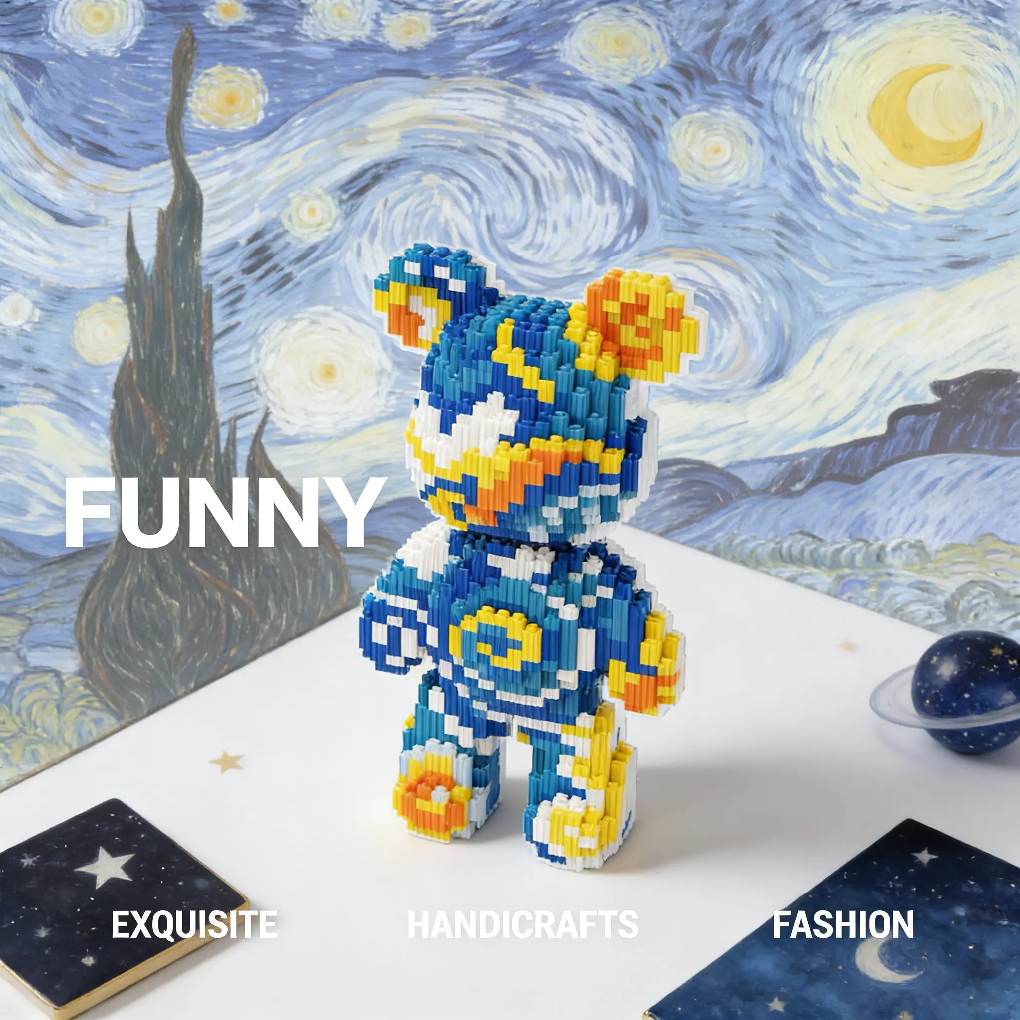 1644pcs Blue Van Gogh Starry Night Bear Series Building Blocks Set, Creative Assembly Toy, Handmade DIY Decorative Craft, Home Table Decoration, Bricks