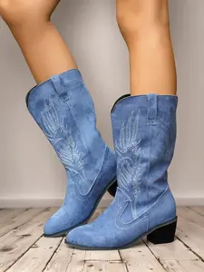 Women's Light Blue Cowgirl Boots, Stylish Western Cowboy Shoes for Casual & Party Wear, Comfortable Design for Women