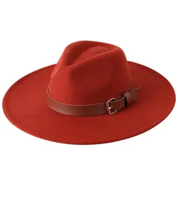Fedora's Hat - Red Wool Felt with Brown Leather Belt Fashionable Wide Brim Hat for Women