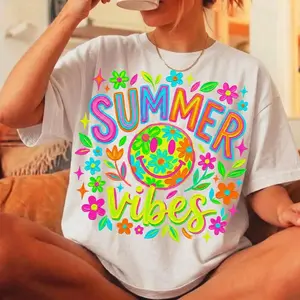 [Sale off up to 65%][Free Ship] Summer Vibes Smiley Face T-shirt Neon Retro Floral Bright Colorful Hippie Summer