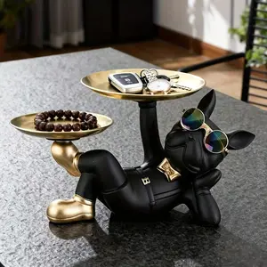 French Bulldog Statue Tray with 2 Metal Trays, Modern Resin Bulldog Key Holder Candy Dish, Cool Dog Sculpture Catchall Tray for Entryway Table, Decorative Storage Organizer for Keys, Jewelry, Wallet, Ideal Gift for Home Office Decor