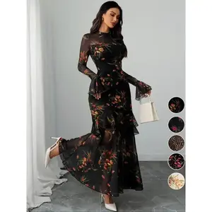 Women Floral Print Dress,Elegant gothic Long Sleeve Dress,for Party,Holiday,Wedding Guest,Women Four Seasons Clothing