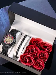 Men's Fashion Mechanical Watch Set, Roman Numerals, Night Glow, Stainless Steel, Easter Gift, Full Automatic, Flower Box Packaging