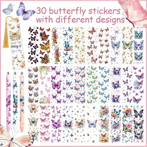 30pcs Butterfly UV DTF Pen Wraps with Different Patterns Butterfly Design for Bookworm DIY Projects for Pen or Blank Acrylic Bookmark