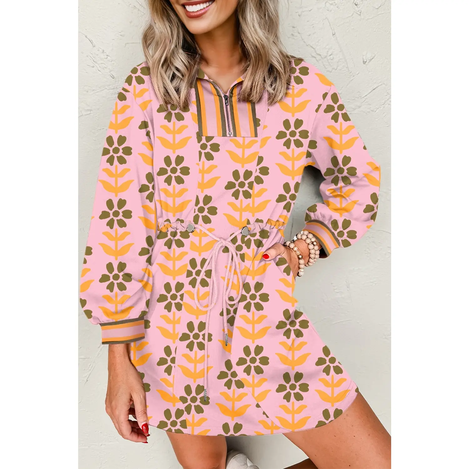 Pink Floral Print Zip Neck Striped Patchwork Long Sleeve Drawstring Dress