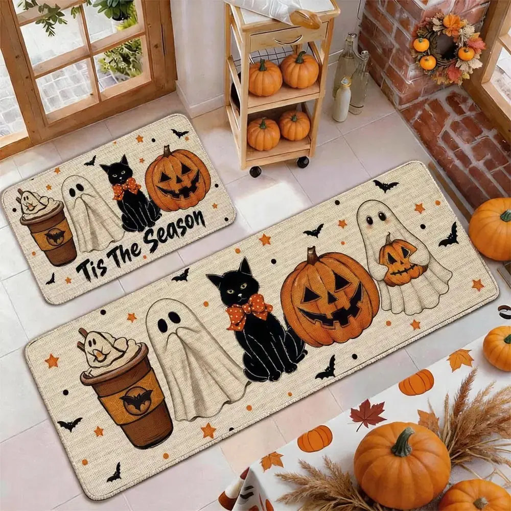 Cute Ghost and Black Cat Halloween Kitchen Mat Set, 2-Piece Absorbent Diatomite Floor Rugs with Pumpkins and Bats for Sink and Entryway Decor
