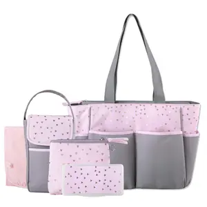 Baby Essentials Diaper Bag Tote 5 Piece Set with Sun, Moon, and Stars, Wipes Pocket, Dirty Diaper Pouch, Changing Pad (Grey/Pink)