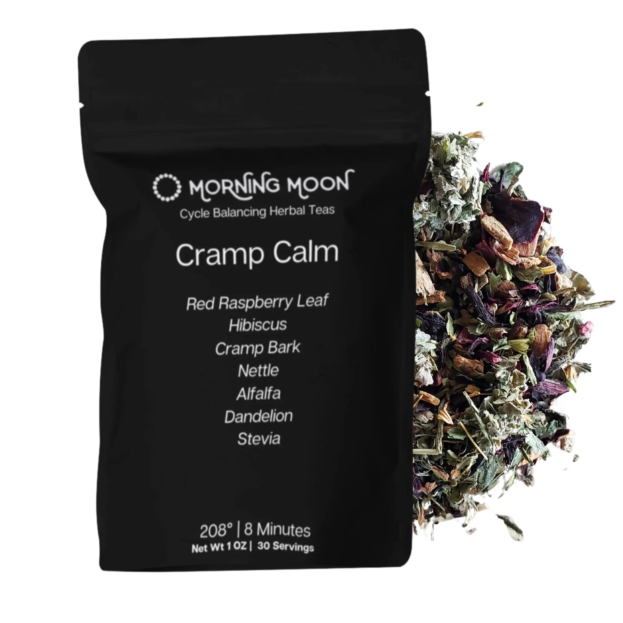 Morning Moon Cramp Calm Herbal Tea for Menstrual Cramps, Fatigue, Headaches, Bloating, and Irritability.